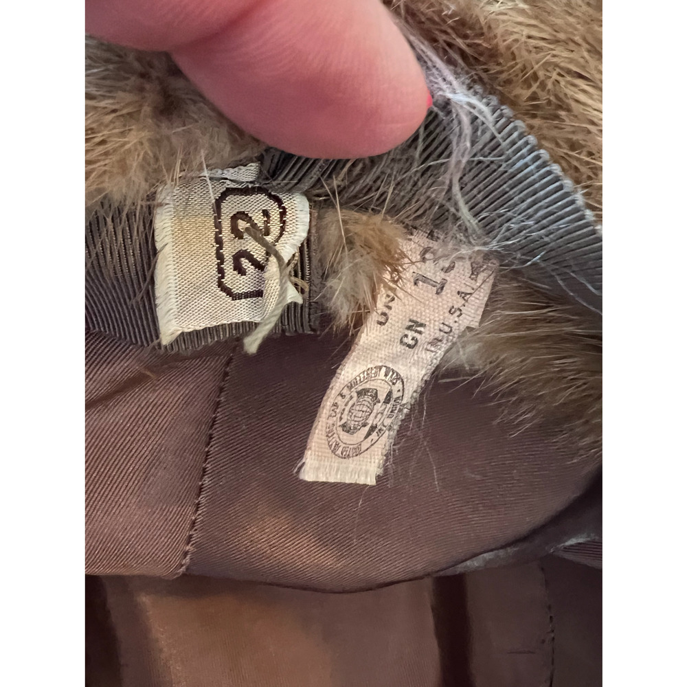Vintage Genuine Fur Trim Leather Winter Bucket Hat Beige Size 22 Cold Weather - Picture 5 of 5